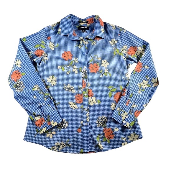 Lands' End Tops - Lands' End Women's 4P Supima Cotton No Iron Shirt Blue Floral Houndstooth Petite